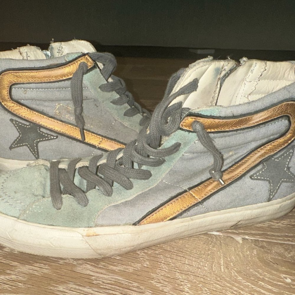 GOLDEN GOOSE SLIDE HIGH TOP SNEAKERS GRAY CANVAS & BLUE SUEDE Size 40